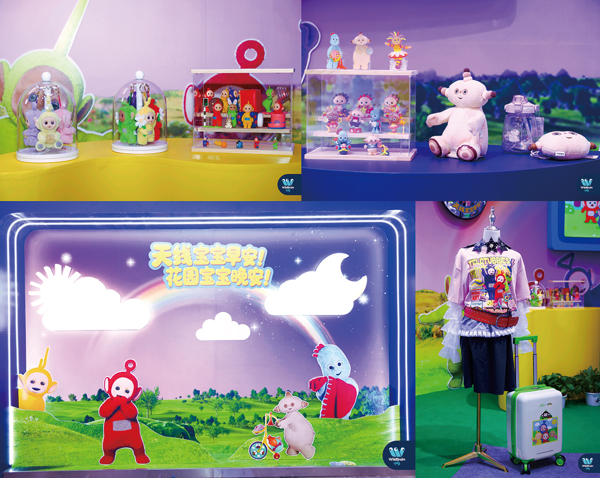 色彩缤纷的展位，展示了儿童角色和服装。