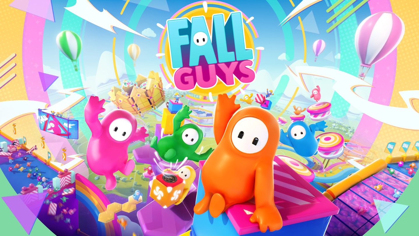 色彩缤纷的小生物在 Fall Guys 标志下的障碍训练场上玩耍。